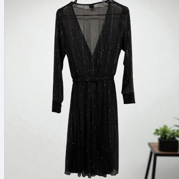Black Sheer Sparkle Midi Dress with Belt and Long Sleeves Size: M - Picture 3 of 12